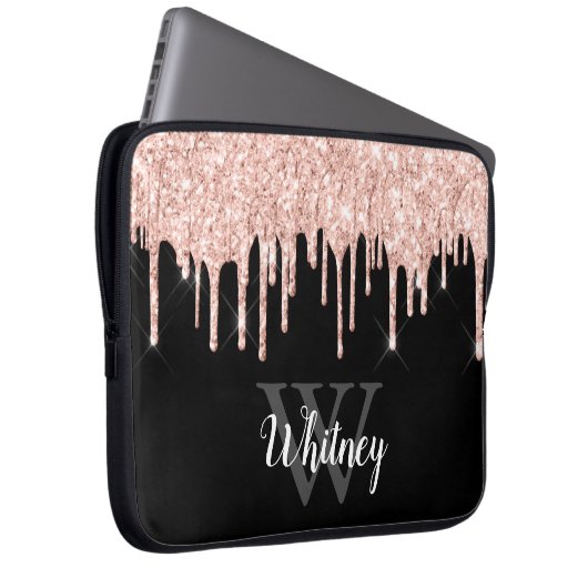 Girly Pink Glitzer Tropfen Grau Monogramm Laptopschutzhülle (Vorne Rechts)