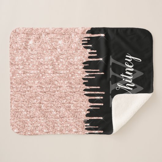 Girly Pink Glitzer Tropfen Grau Monogramm Sherpadecke (Vorderseite (Horizontal))