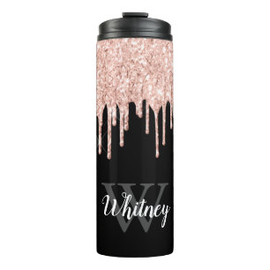 Girly Pink Glitzer Tropfen Grau Monogramm Thermosbecher