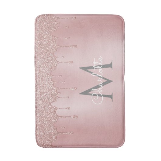 Girly Pink Glitzer Tropfen Monogram Chic Script Badematte (Vorderseite Vertikal)