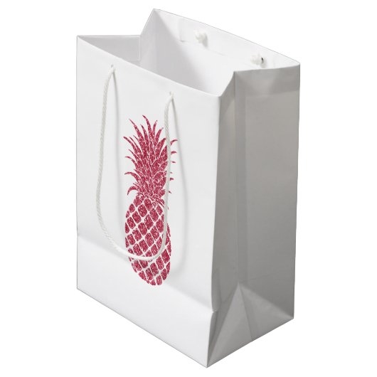 Girly Pink Glitzer Tropischer Ananas Mittlere Geschenktüte (Vorderseite Schrägansicht)
