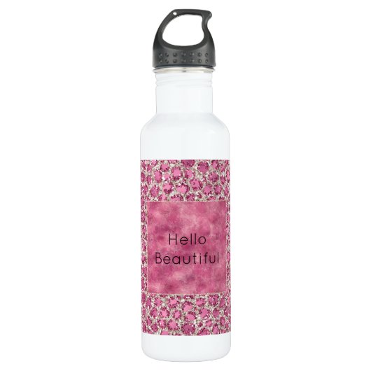 Girly Pink Glitzy Glam Glitzer Leopard Print       Edelstahlflasche (Vorderseite)