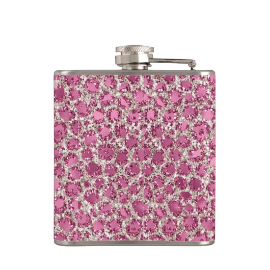 Girly Pink Glitzy Glam Glitzer Leopard Print Flachmann (Rückseite)