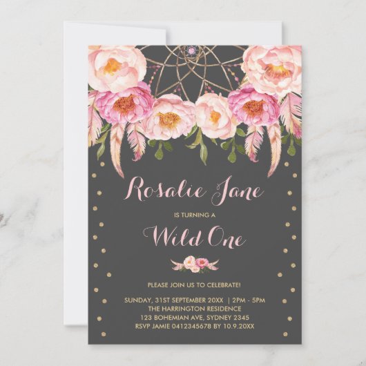 Girly Pink Gold Dreamcatcher Wilder 1. Geburtstag Einladung (Vorderseite)