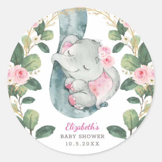 Girly Pink Gold Floral Baby Elefantengrün Runder Aufkleber (Vorderseite)