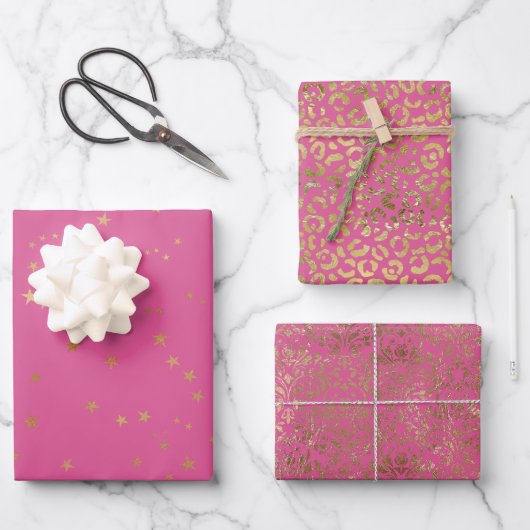 Girly Pink Gold Glam Stars Geschenkpapier Set (Vorderseite)