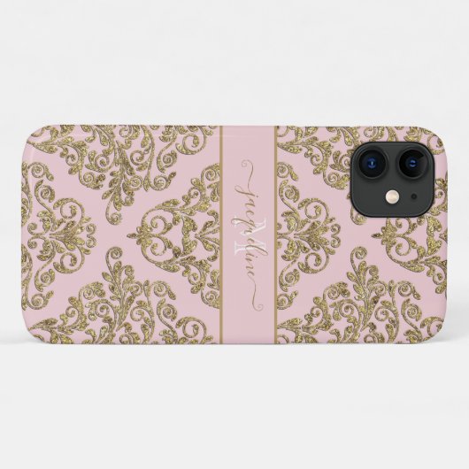 Girly Pink Gold Glitter Damask Monogrammatierter N Case-Mate iPhone Hülle (Rückseite (Horizontal))