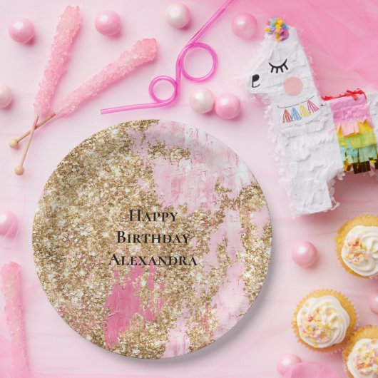 Girly Pink Gold Glitzer Geburtstag Pappteller (Party)