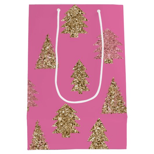 Girly Pink Gold Glitzer Glam Weihnachtsbaumen Mittlere Geschenktüte (Rückseite)