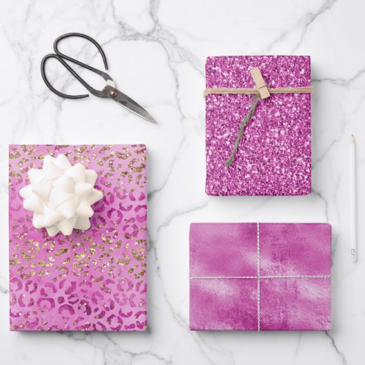 Girly Pink Gold Glitzer Leopard Print Glitz Geschenkpapier Set (Vorderseite)
