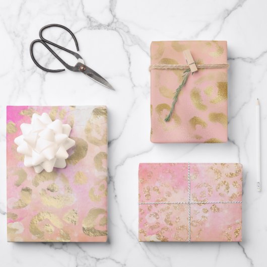 Girly Pink Gold Glitzer Leopard Prints Geschenkpapier Set (Vorderseite)