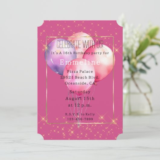 Girly Pink Gold Glitzern Balloons Einladung (Stehend Vorderseite)