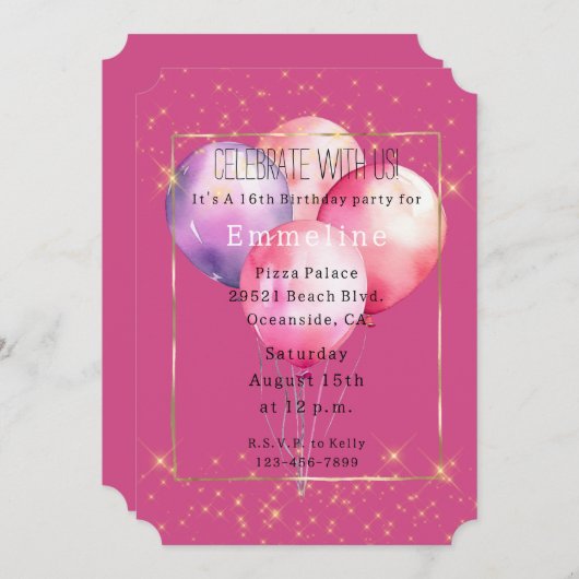 Girly Pink Gold Glitzern Balloons Einladung (Vorne/Hinten)