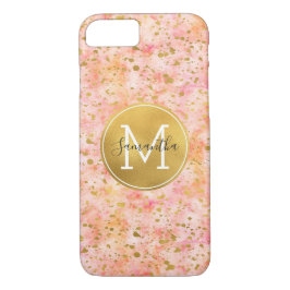 Girly Pink Gold Watercolor Confetti Monogram Case-Mate iPhone Hülle