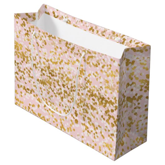 Girly Pink Gold White Confetti Große Geschenktüte (Vorderseite Schrägansicht)