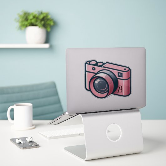 Girly Pink & Gray Camera Fotografie Personalisiert Aufkleber (Laptop auf Schreibtisch)