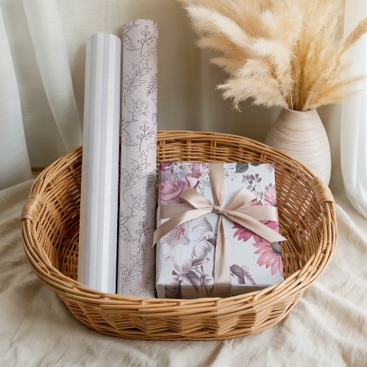 Girly Pink Gray Floral Pastel Geschenkpapier Set