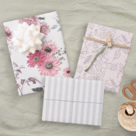 Girly Pink Gray Floral Pastel Geschenkpapier Set