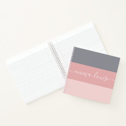 Girly Pink Gray Stripe Handschrift Name Notizblock (Innenseite)