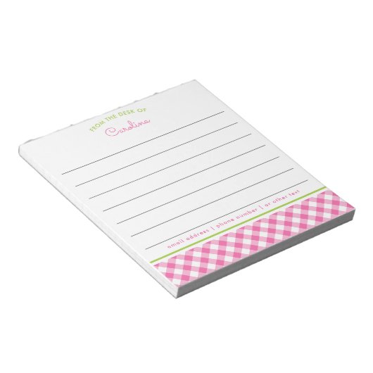 Girly Pink & Green Script Gingham Lined Notizblock (angewinkelt)