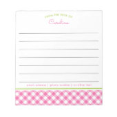 Girly Pink & Green Script Gingham Lined Notizblock (Vorderseite)