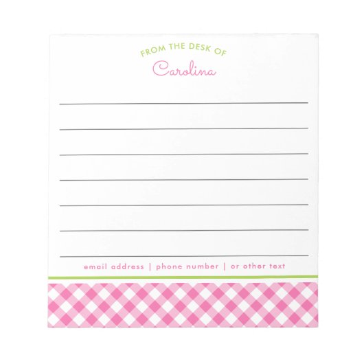 Girly Pink & Green Script Gingham Lined Notizblock (Vorderseite)