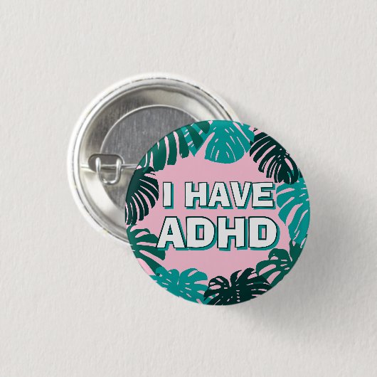 Girly Pink Green Tropical Palm Blätter ADHD Button (Vorne & Hinten)