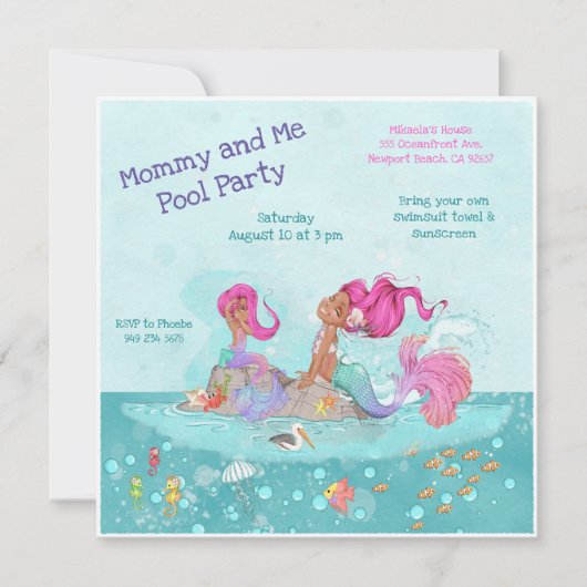 Girly Pink Hair Mermaid Mommy & Me Pool Party Einladung (Vorderseite)