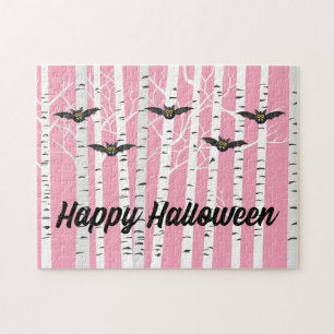 Girly Pink Happy Halloween Birkenwald mit Fledermä Puzzle