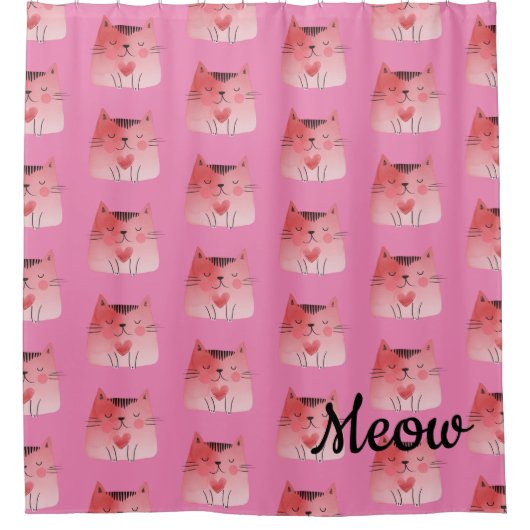 Girly Pink Heart Cats Duschvorhang (Vorderseite)