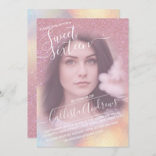 Girly Pink Imitats Iridescent Glitzer Foto Sweet 1 Einladung (Vorne/Hinten)