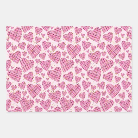 Girly Pink Kariert Hearts Gold Glitzer Polka Dots Geschenkpapier Set (Vorderseite)