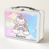 Girly Pink Kawaii Unicorn Kat Holographic Rainbow Metall Brotdose (Vorderseite)