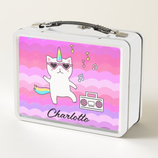Girly Pink Kawaii Unicorn Katze Personalisiert Metall Brotdose (Rückseite)