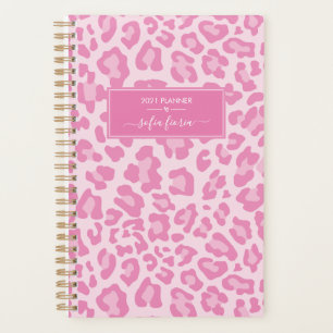 Girly Pink Leopard Elegant Script Name 2021 Planer
