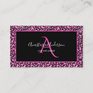 Girly Pink Leopard Spots Elegantes Schwarzes Monog Visitenkarte