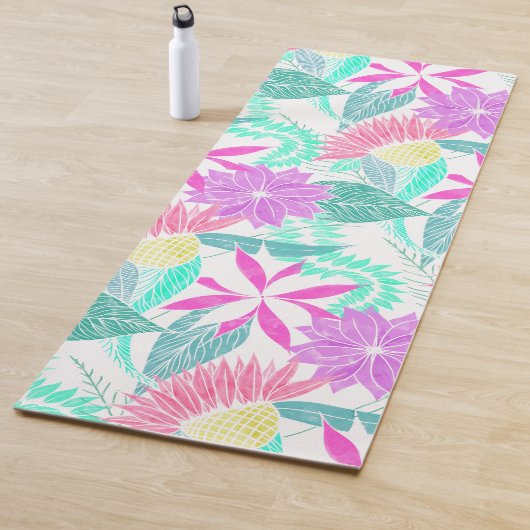 Girly Pink Lila Aquamarin Watercolor Blume Blätter Yogamatte (Beispiel)