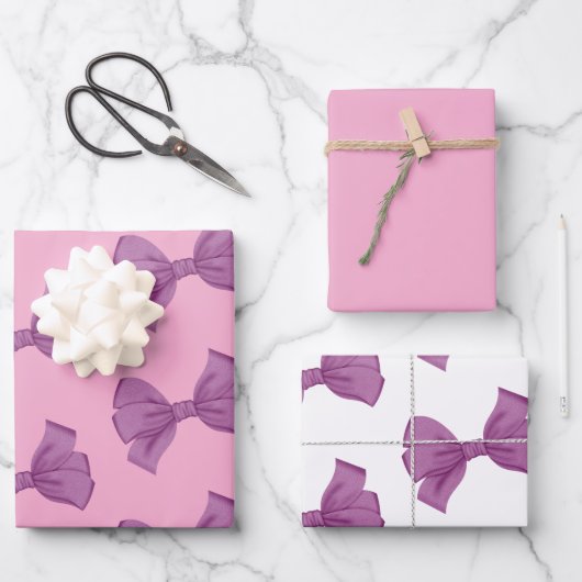 Girly Pink Lila Bow Geburtstag Geschenkpapier Set (Vorderseite)