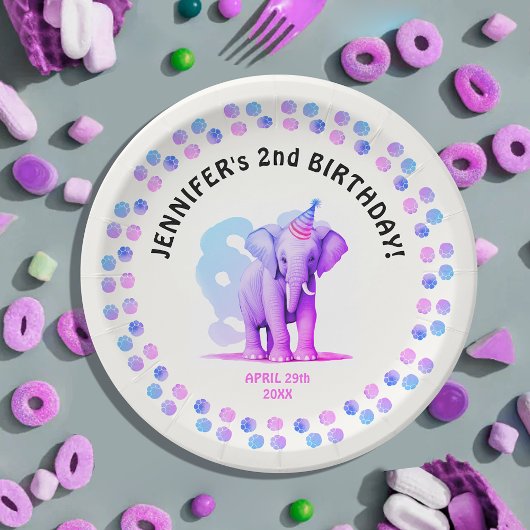 Girly Pink Lila Elephant Cub Dschungel Tierfarbe Pappteller