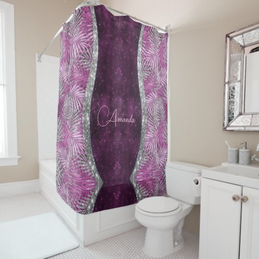 Girly pink lila silber Glitzer Blätter monogramm Duschvorhang (Beispiel)