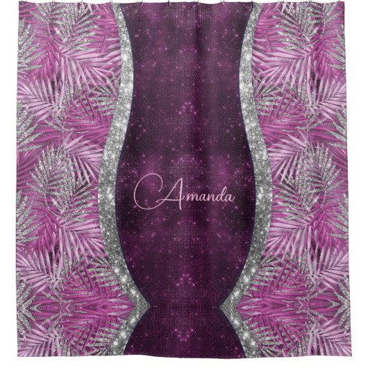 Girly pink lila silber Glitzer Blätter monogramm Duschvorhang (Vorderseite)