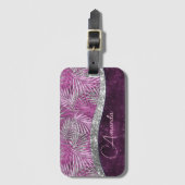 Girly pink lila silber Glitzer Blätter monogramm Gepäckanhänger (Vorderseite Vertikal)