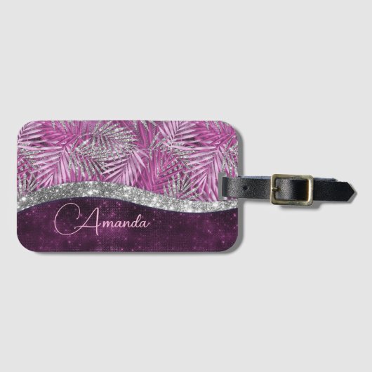 Girly pink lila silber Glitzer Blätter monogramm Gepäckanhänger (Vorderseite (Horizontal))