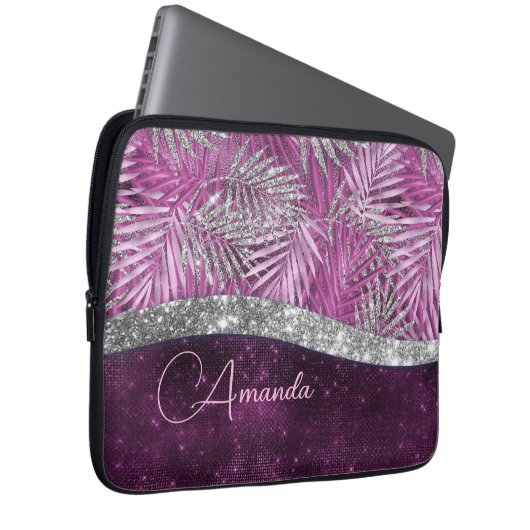 Girly pink lila silber Glitzer Blätter monogramm Laptopschutzhülle (Vorne Rechts)