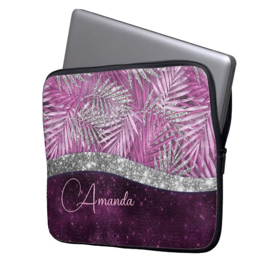 Girly pink lila silber Glitzer Blätter monogramm Laptopschutzhülle (Vorderseite Links)