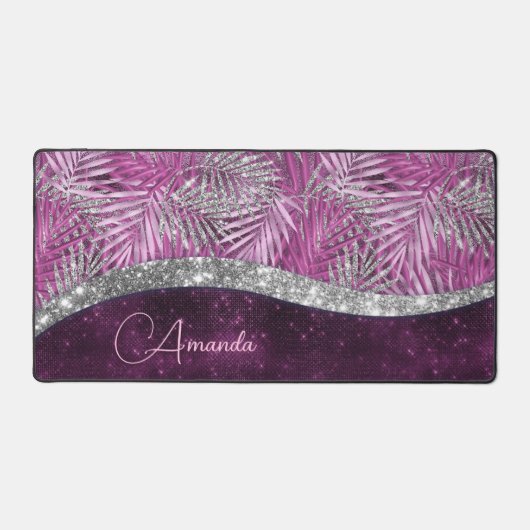Girly pink lila silber Glitzer Blätter monogramm Schreibtischunterlage (Vorderseite)