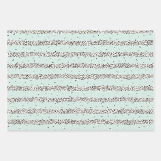 Girly Pink Mint Silver Funkelnd Confetti Streifen Geschenkpapier Set (Vorderseite 3)