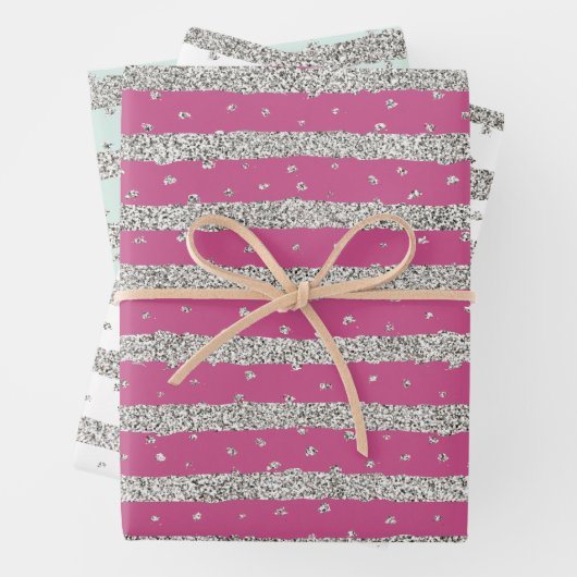 Girly Pink Mint Silver Funkelnd Confetti Streifen Geschenkpapier Set (Beispiel)