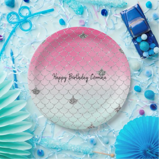 Girly Pink Mint Silver Glitzer Meerjungfrau Pappteller (Party)