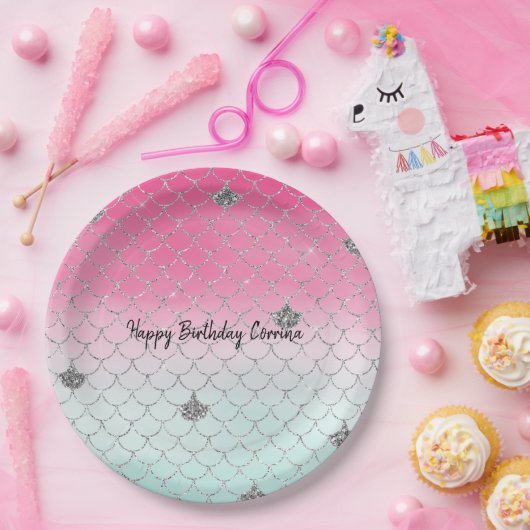 Girly Pink Mint Silver Glitzer Meerjungfrau Pappteller (Party)